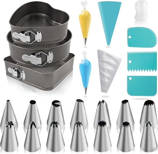 Springform Cake Pans Set 8, 9,10 Inch Heart Pan Round Cake Pan Square Baking Nonstick Cheesecake Pans Springform Pans with 100 Pcs Piping Bags, 16 Pcs Nozzles, 3 Pcs Scrappers