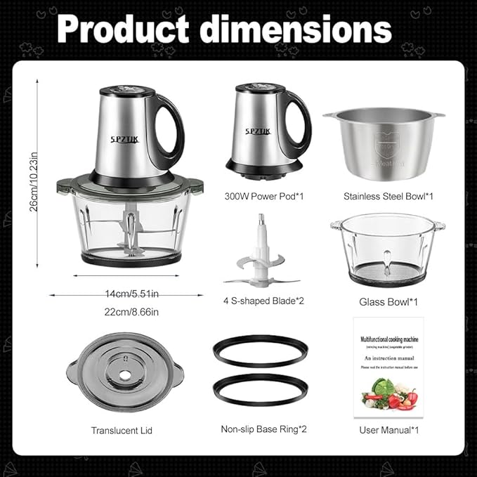 SPZTJK 3-Speed Electric Food Processor: Meat Grinder, Vegetable Chopper & Baby Food Maker - 300W, 2 Bowls (8 Cup Stainless Steel+8 Cup Glass), Quiet Operation