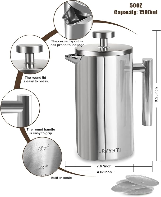 French Press Coffee Maker, Silver, 50 OZ (1.5 Litre) | 304 Stainless Steel Coffee Press with scale lines and 2 Extra Filters for Kitchen & Camping