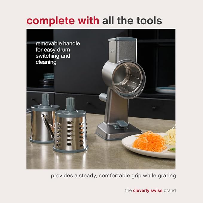Zyliss Rotary Cheese Grater - Includes Universal & Gourmet Drums for Grating Cheese, Vegetables, Chocolates, Nuts & Fruits - Includes Non-Slip Suction Foot and Table Clamp - 2 Steel Drums