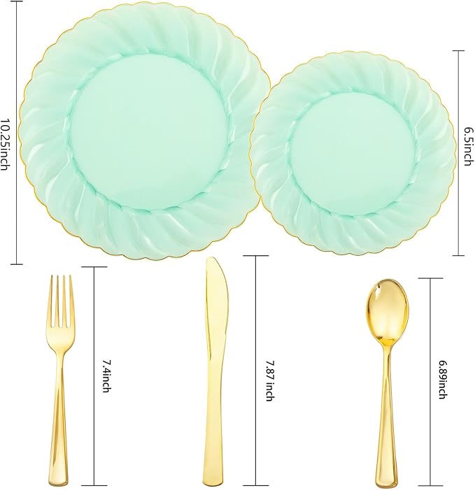 YOUBET 125PCS Clear Green Plastic Plates with Gold Rim for Wedding Party | Green and Gold Plastic Plates Include 25 Dinner Plate 25 Dessert Plate 75 Disposable Silverwares