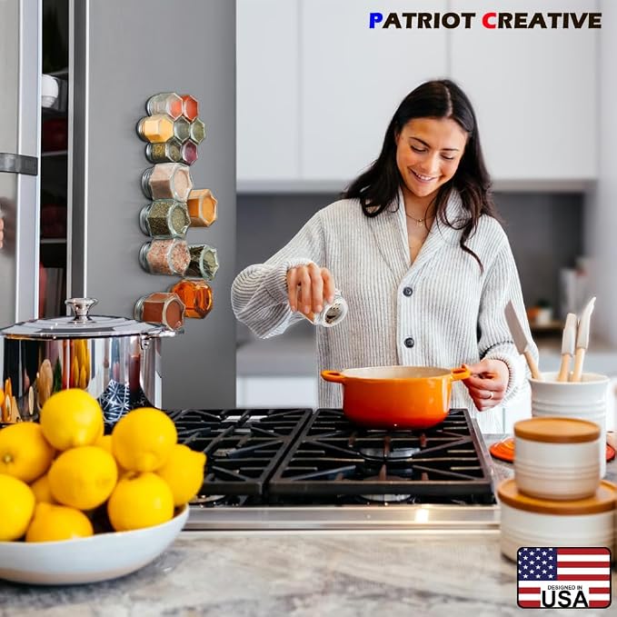 Patriot Set of 21 Large 4oz Magnetic Spice Jars for Refrigerator, Hexagon Glass Magnetic Spice Jars with Shaker Lids and Labels for Kitchen RV Travel Trailer, Magnetic Spice Containers for Fridge