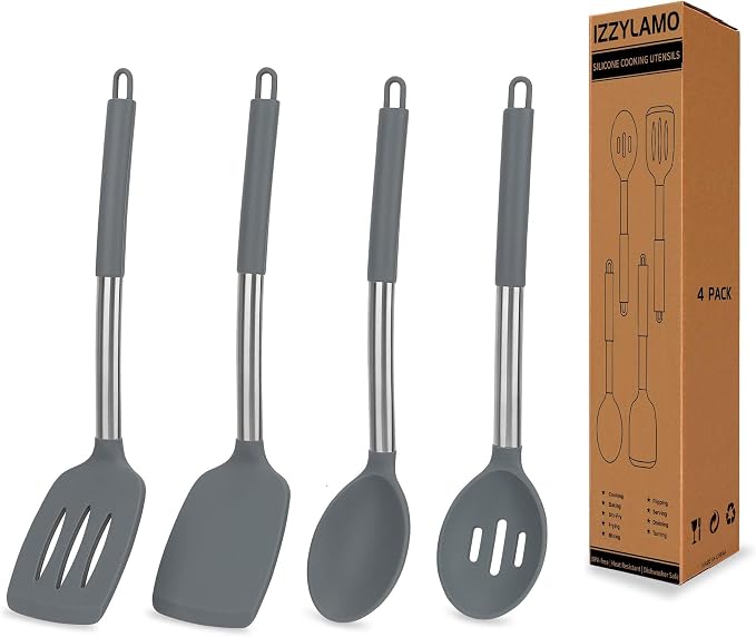 4 Pack Silicone Utensils Set，Non Stick Solid Spatulas, Slotted Spoons with Stainless Steel Handle，Spatulas for Cooking，Frying, Mixing, Serving -Grey