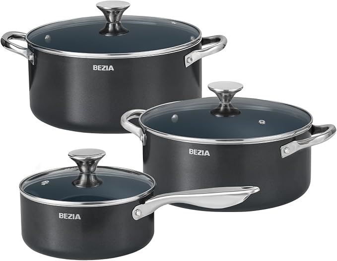BEZIA Nonstick Induction Cookware Set, 6-Piece Pots and Pans Set with Lids | 2QT Saucepan, 4.8QT Casserole Dutch Oven, 6QT Stock Pot, Riveted Stainless Steel Handles, Oven Safe, Works on All Stovetops