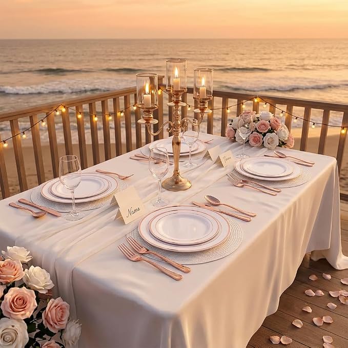 GATHER 350PCS Rose Gold Plastic Plates for Wedding Birthday Party | White and Rose Gold Disposable Dinnerware Set include 100 Plastic Plates, 150 Silverware, 50 Napkins, 50 Cups for Baby Shower
