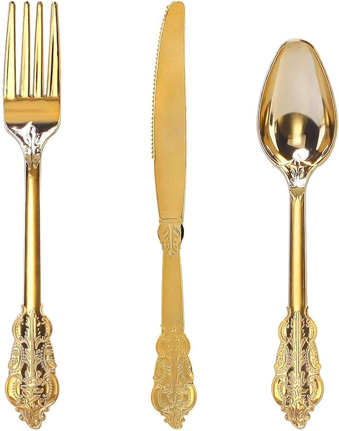 300 Pieces Gold Plastic Silverware Disposable - Heavy Duty Plastic Cutlery - Gold Silverware Sets Includes 100 Forks, 100 Spoons, 100 Knives for Baby Shower/Wedding/Birthday/Party