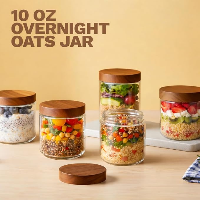 Bumobum 10 oz Glass Jars with Wood Lids, 6 Pack Small Yogurt Containers | Acacia Wood Lids, Airtight Seal, Easy to Fill, Small Food Containers for Chia Pudding, Coffee, Snacks, Spices, Pantry Storage
