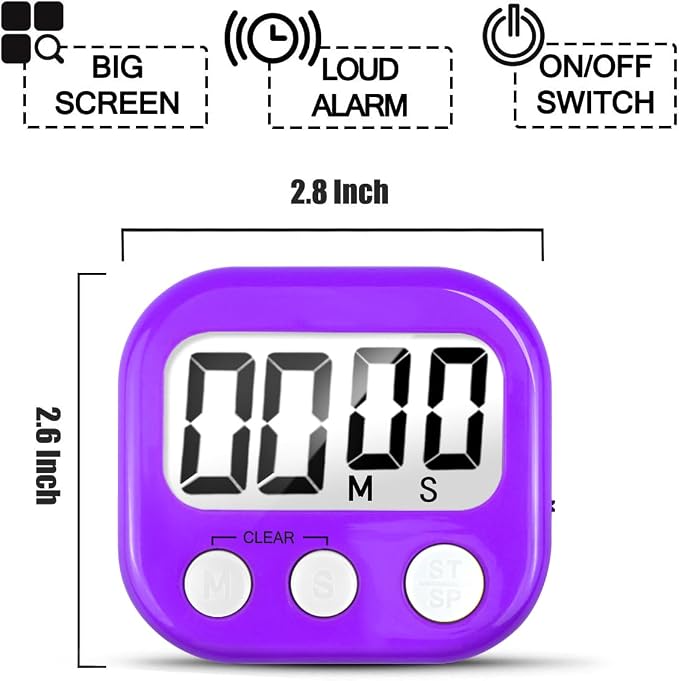 6 Pack Digital Kitchen Timer for Cooking Big Digits Loud Alarm Magnetic Backing Stand Cooking Timers for Baking Purple