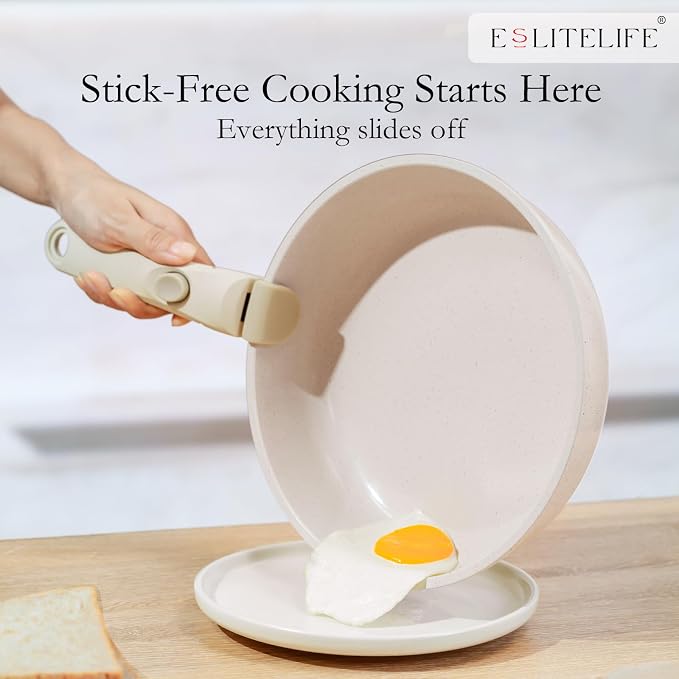 ESLITE LIFE Nonstick Ceramic Frying Pans Skillets Set with Lids & Detachable Handle, Non-Toxic Egg Omelette Kitchen Cooking Pans Compatible with All Stovetops, PTFE & PFOA Free, White, 7-Piece