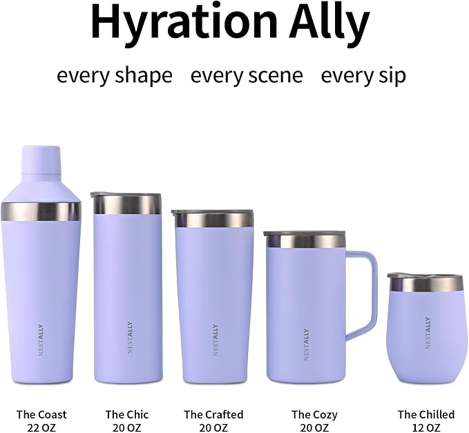 NESTALLY Cozy 20oz Insulated Coffee Mug with Handle & Lid, Lavender | Stainless Steel Double Wall Vacuum Travel Mug for Hot & Cold Drinks, Reusable Coffee Tumbler, Non-Slip Base, BPA-Free