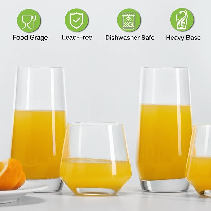 Mfacoy Drinking Glasses Set of 8-4 Tall Glass Cups 18 oz & 4 Short Stemless Wine Glasses 13 oz, Highball Glasses, Glassware Sets for Cocktail, Beer, Wine, Whiskey, Water & Juice Drinkware