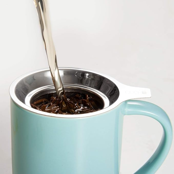 CEEFU 16oz Porcelain Tea Mug with Infuser, Lid and Coaster | Teaware with Filter, Loose Leaf Tea Cup Steeper Maker, Tea/Coffee/Milk/Women/Office/Home/Gift, Turquoise