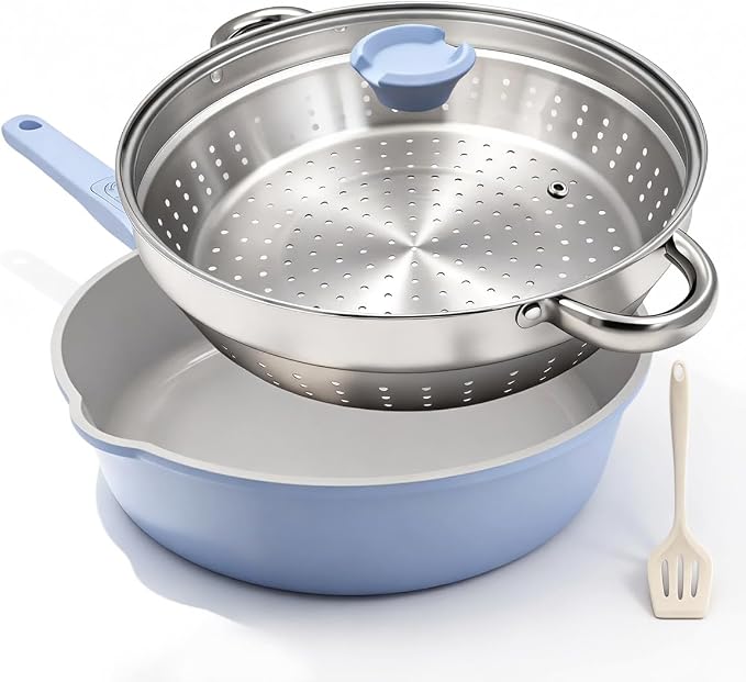 AIKENBBKK 12 Inch Nonstick Deep Frying Pan with Steamer, Ceramic Skillet with Lid, Steamer Pan for Cooking, 5 QT Non Stick Saute Pan with Detachable Handle, PTFE & PFAS-Free, Oven Safe, Blue