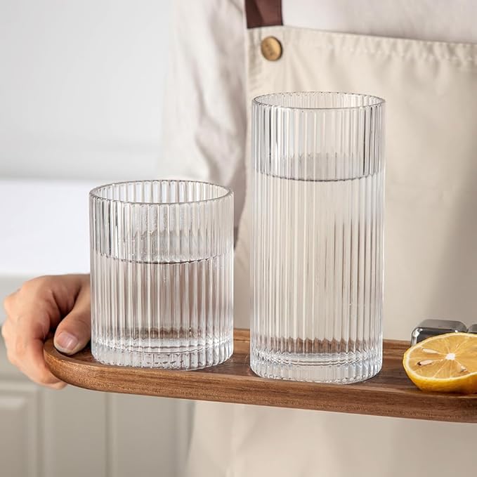 Ribbed Drinking Glasses 6pcs, 12oz and 10oz Glassware, Tumbler Glasses Cup Set for Wedding, Party, Christmas Gift, Clear