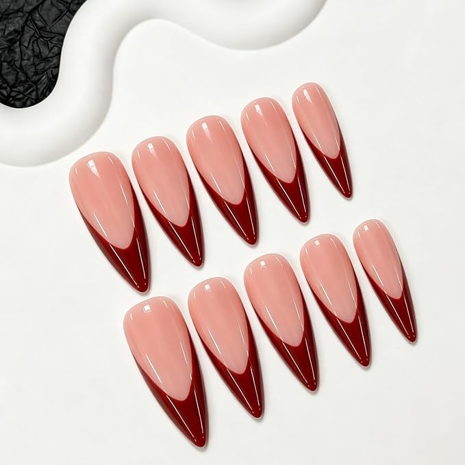 Hand Made Press on Nails with Red French Tip Designs Long Stiletto Fake Nails Glossy Nude False Nails Luxury Handmade Solid Color Stick on Fingernails for Women 10pcs(S)