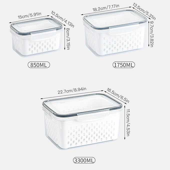 Fruit Storage Containers for Fridge, 3PCS Airtight Fruit & Vegetable Storage Containers with Removable Drain Basket, BPA-Free Berry Keeper, Stackable Refrigerator Organizer for Lettuce, Meal Prep