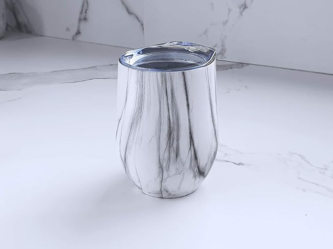 CHILLOUT LIFE 12 oz Stainless Steel Wine Tumblers 2 Pack - Double Wall Vacuum Insulated Wine Glasses Cups with Lids and Straws Set Keeping Cold & Hot for Coffee, Beer, Ice Cream - Carrara Marble