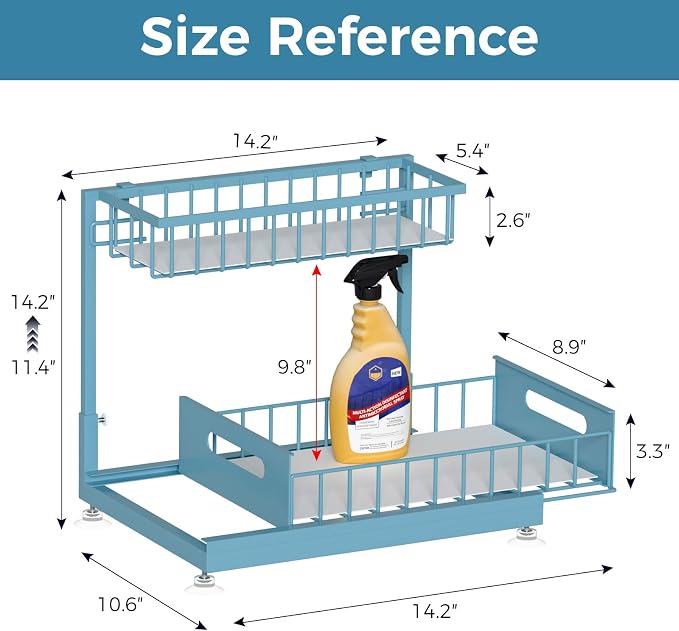 2-Pack L-Shaped Under Sink Organizer, 2-Tier Pull-out Cabinet Rack | Teal Height-Adjustable Steel Rack, Sliding Grid Drawers with PP Liners, Holds 100 Lbs, Suction Base, Ideal Kitchen Storage