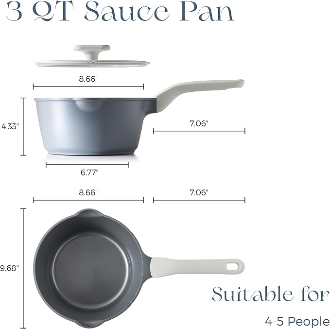 PRICUSIS Ceramic Nonstick Saucepan with Lid, 3 Quart Non Toxic Pot with Pour Spouts, Full Coated, 100% Dishwasher Safe, Induction Compatible, PTFE PFAS & PFOA Free, Grey