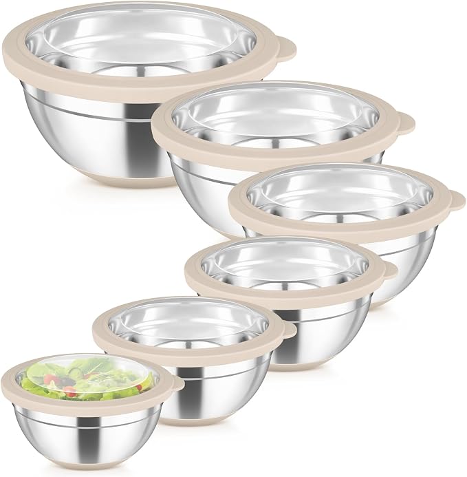 TeamFar Mixing Bowls with Clear Lids, Stainless Steel Salad Bowls, Khaki | Metal Nesting Bowls with Non-Slip Bottom for Flour Fruit, Baking Mixing Serving Prepping, 6PCS, 4.6/ 3.5/ 2/ 1.5/ 1/ 0.7 QT