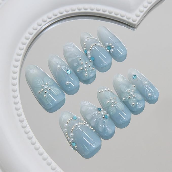 30Pcs Blue Flower Press On Nails Medium Almond False Nails Glitter Blue Cat Eye Fake Nails with 3D Flower Pearl Rhinestone Design Reusable Acrylic Nails Summer Beach Glue On Nails for Women Manicure