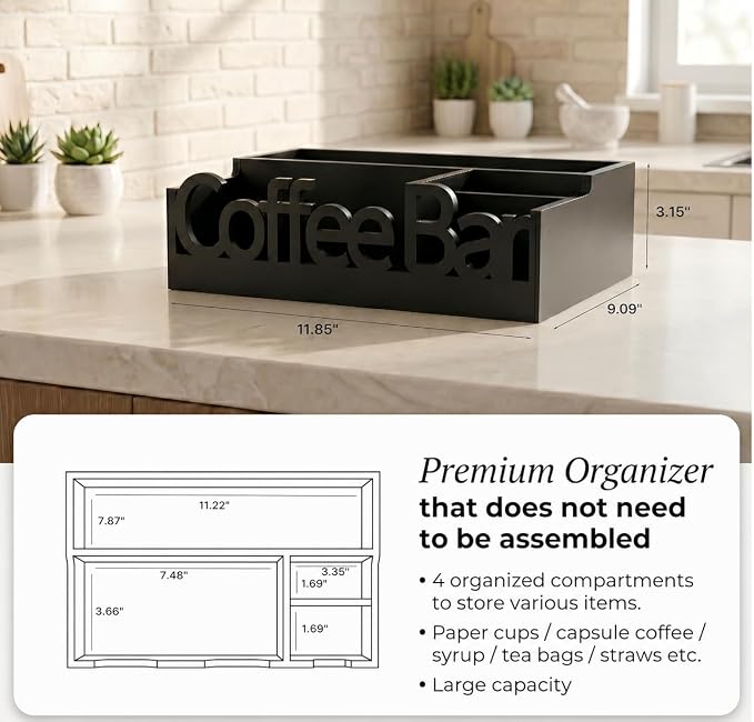 Coffee Bar Organizer Countertop,Wood Caddy with Compartments for Pods,Black | Coffee Pods, Sugar Packets, Stir Sticks & Cups