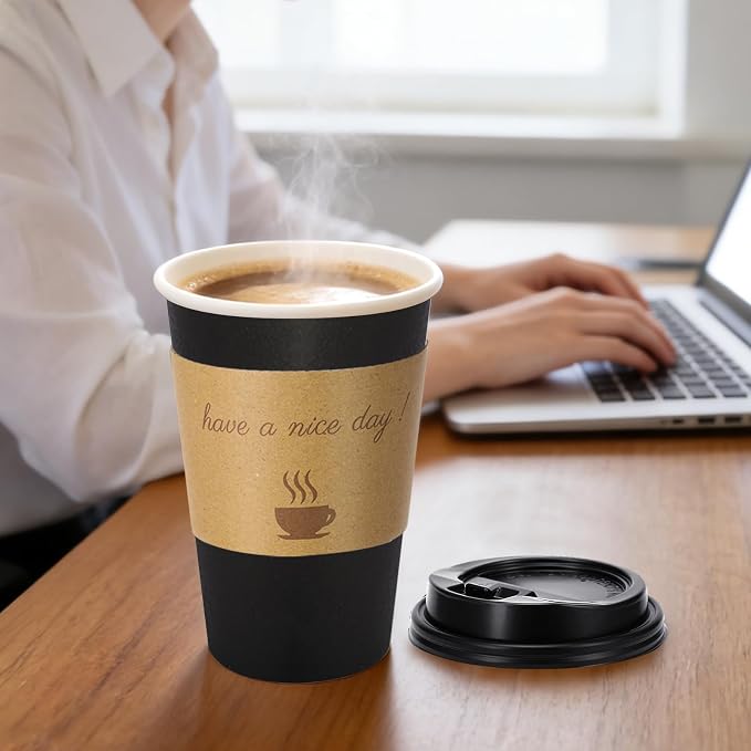 BYSNOW 16 oz 50 pack Disposable Coffee Cups with Lids, Sleeves & Stirrers | Paper Hot Coffee Cups with Lids, Sleeves and Stirring Sticks, To Go Cups for Home, Office, and Cafe (Black 16oz)
