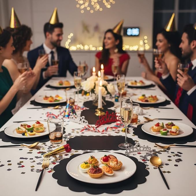 60 Pcs Black Paper Placemats, 13.5 Inch Disposable Scalloped Placemat | Round Table Place Mats Decorative Paper for Birthday Party Graduation Celebration Wedding Banquet Bridal Shower Party
