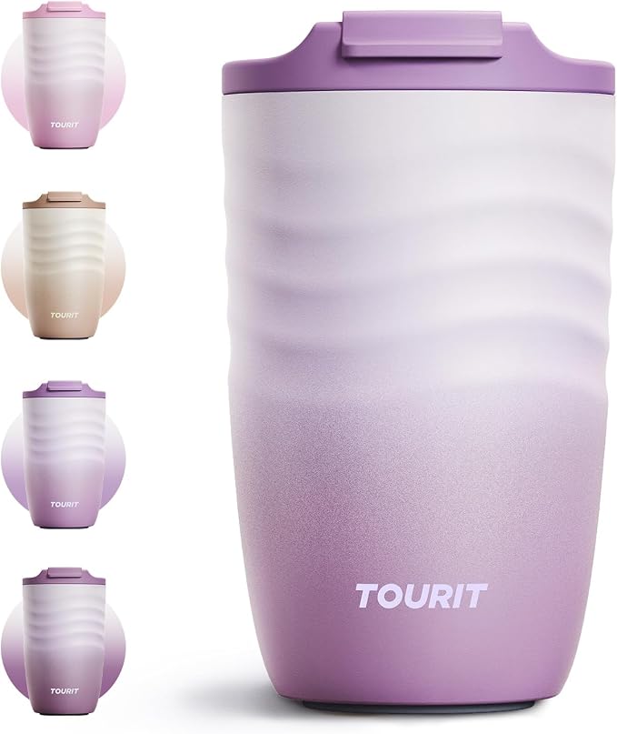 TOURIT 12 oz Travel Coffee Mug, Vacuum Insulated Stainless Steel Tumbler with Ripple-Wave Anti-Slip Grip, Built-in Silicone Bottom for Quiet & Stable, Leak-Proof Lid, Fits Car Cup Holder, Lilac