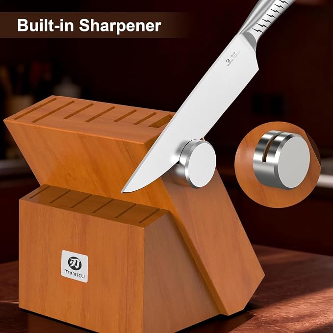 imarku 14-Piece Knife Set. Pro power, home ease | Self-sharpening builds skill. Razor-sharp high carbon steel. Grip boosts confidence. Steady, non-slip prep.