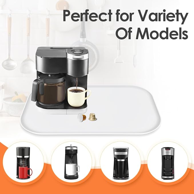 Silicone Coffee Maker Mat with Lip for Countertops, 24'' x 16'', White | Multi leak-proof coffee tray for countertop, non-slip silicone mat fits most coffee makers & espresso machines, wipe-clean