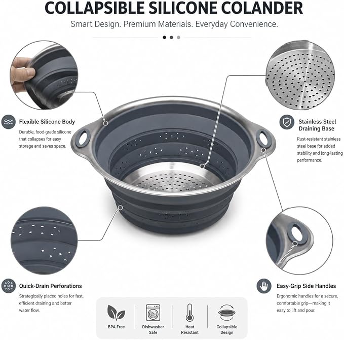 Mejoncb Collapsible Colander – Platinum Silicone Strainer with Stainless Steel Base, BPA-Free & Heat Resistant Kitchen Drain Basket (Gery)