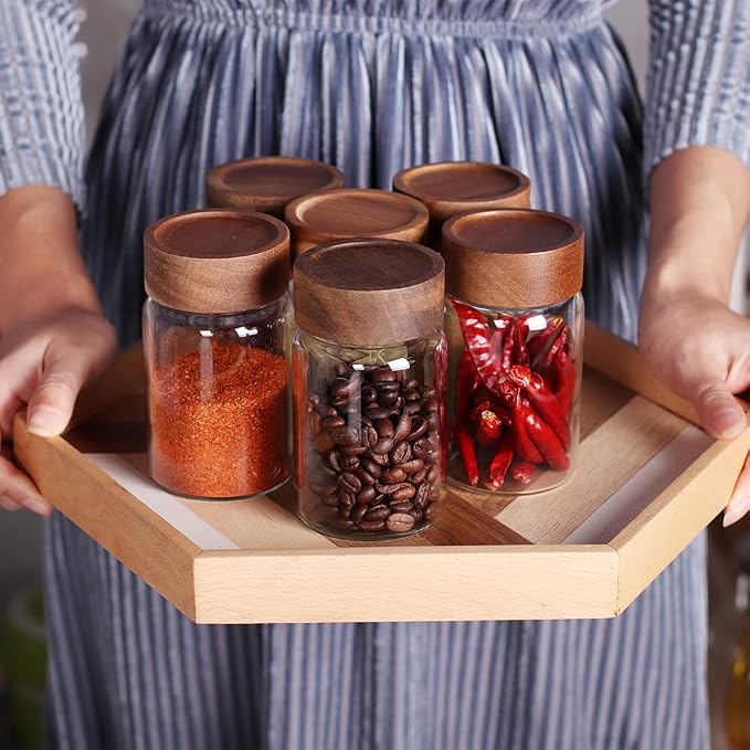 SAIOOL 6 Pcs Small Glass Spice Jars with Label,High Sealing Threaded Mouth,with Black Printed Spice Labels - 8.79oz /260ml*6,Empty Cylinder Spices Bottles,Storage Jars with Airtight Screw Lids | With Label, 8.79oz/260ml