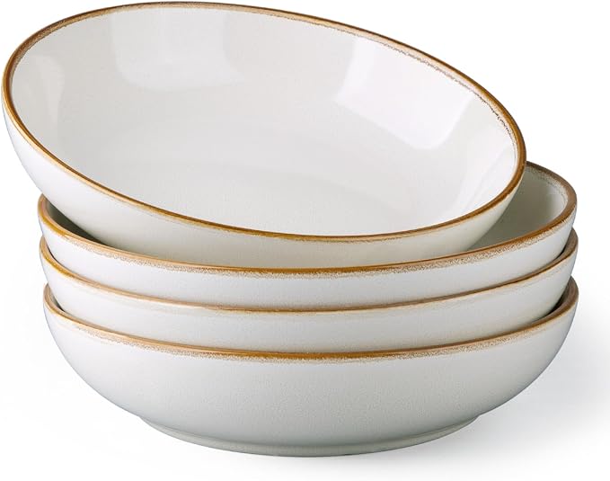 AmorArc 8.5’’ Ceramic Pasta Bowls Set of 4, 36oz Large Stoneware Bowls Set | Large Dinner Serving Bowls Set, Wide Bowl Plate for Pasta,Salad, Soup, Microwave Safe, Reactive Glaze-Pearl White