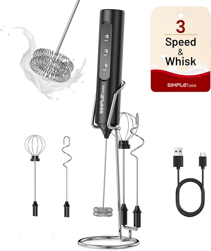 SIMPLETASTE Rechargeable Handheld Milk Frother Wand with Stand | 3 Variable Speeds, 3 Whisks, Electric Drink Mixer for Latte, Cappuccino, Matcha and Protein Powder, Black