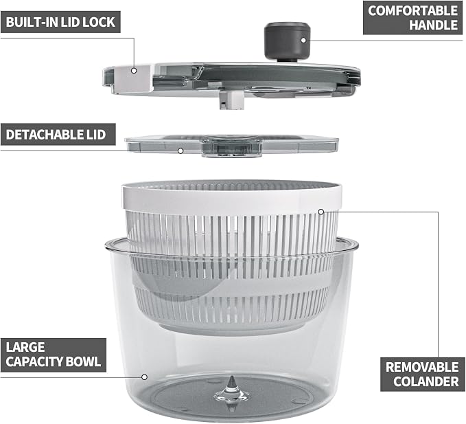 Cambom Salad Spinner Lettuce Spinner, Wash, Spin & Dry Salad Greens, Vegetable Washer Salad Dryer With Rotary Handle for Fruits & Vegetables, High Efficiency Vegetable Spinner Kitchen Gadget 3Qt White