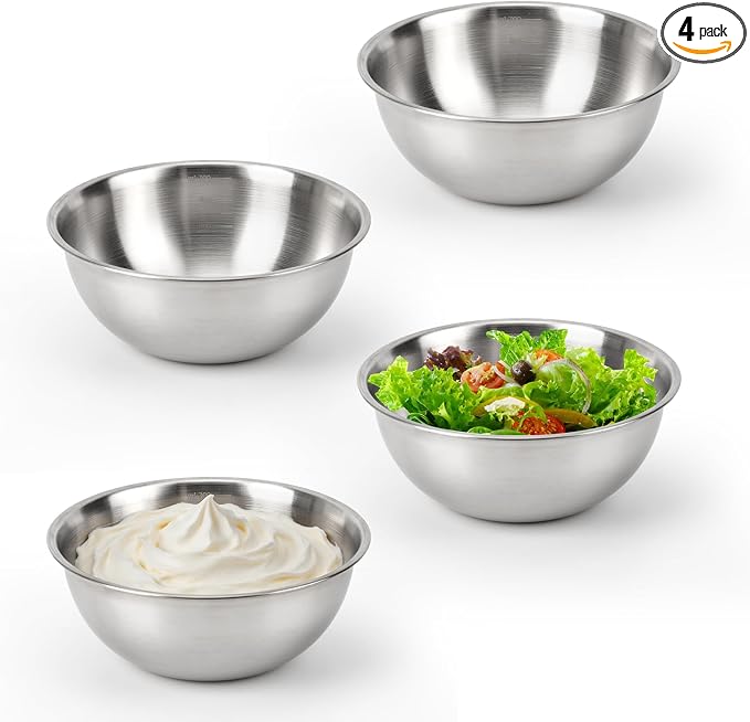 4-Piece Stainless Steel Mixing Bowls (6.3") Metal Bowl Set with Measurement Marks, Dishwasher Safe & Stackable - Perfect for Baking, Meal Prep, Salad Making