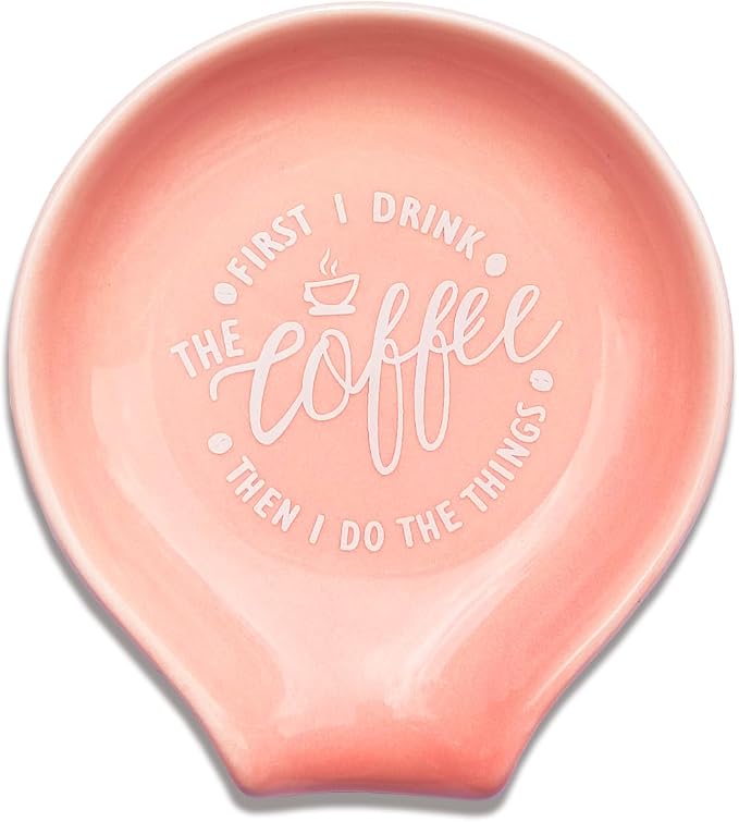 Funny Coffee Quote First I Drink The Coffee Then I Do The Things Ceramic Spoon Holder- Orange Pink Coffee Spoon Rest -Cafe Station Bar Accessories