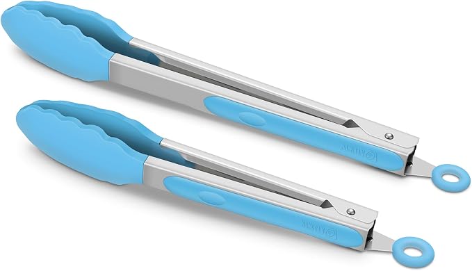2 Pack Silicone Kitchen Tongs – 9" & 12" Set, Heat Resistant up to 500°F, Non‑Stick Cookware Safe, Wavy Silicone Tips, BPA Free, Locking Clip & Hanging Loop, Blue