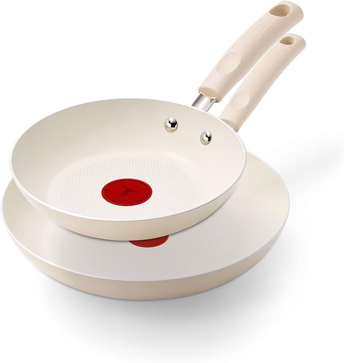 T-Fal Signature Nonstick Frying Pan Skillet Set, 8 in and 10 in, Cream | 3x longer-lasting nonstick coating, Thermo-Spot heat indicator, Oven safe to 350 °F, Dishwasher safe, No induction
