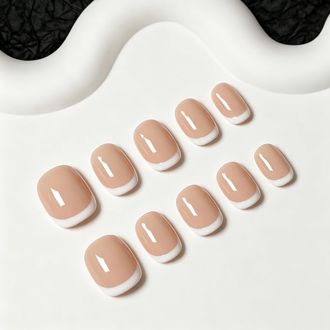 Handmade Press on Nails Short Almond Nude White French Tip Fake Nails Glossy Full Cover Muti-Layer Gel Acrylic Nail Natural & Elegant Style Thick False Nail Solid Color Stick on Nails for Women (S)