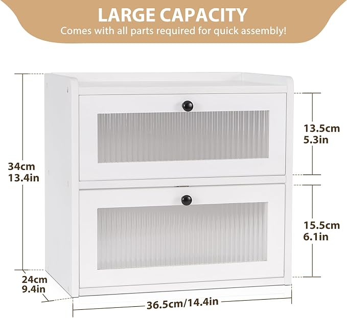 Sunhoo Bread Box for Kitchen Countertop Wooden Bread Storage Container Bin 2 Layer Breadbox Holder Large Capacity Keeper Vintage Farmhouse Food Organizer Pantry Shelf Acrylic Window (White)