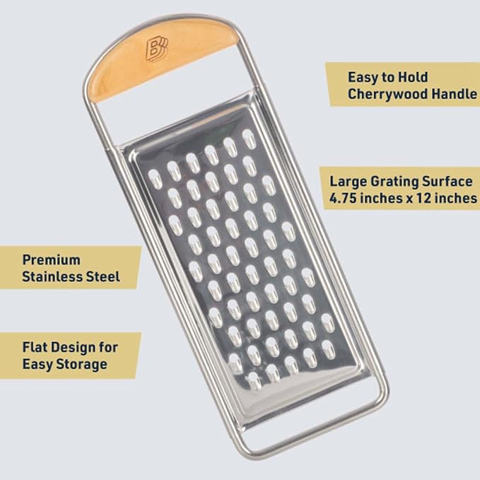 Kings County Tools Cheese Grater Handheld, Flat Food Grater, 12” x 4.5” | Stainless Steel Coarse Shredder Kitchen with Cherrywood Handle for Medium-Hard Cheese, Italian Made Kitchen Gadgets