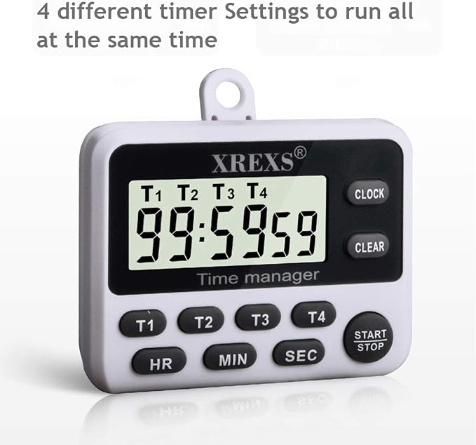 XREXS 4 Channel Digital Kitchen Timer Clock with Large LCD Display | 4 Groups Simultaneous Timing Countdown Up Pocket Timer, Magnetic Attachable (Battery Included)