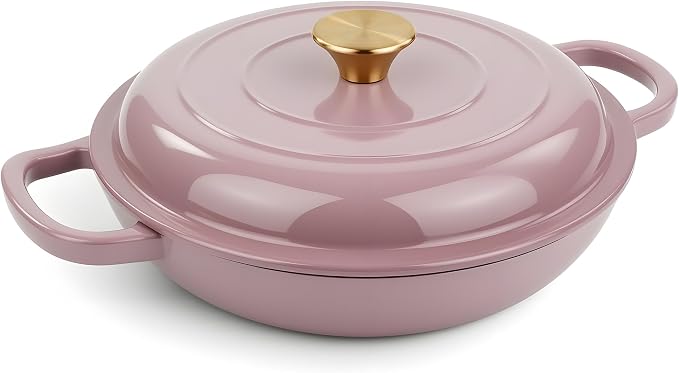 3 Quart Enameled Cast Iron Braiser, Non Stick Enameled Cast Iron Skillet with Lid, Dutch Oven Skillet with lid up to 500°F for Oven, Stove, Grill, Shallow Dutch Oven for Cook, Bake (Pink)