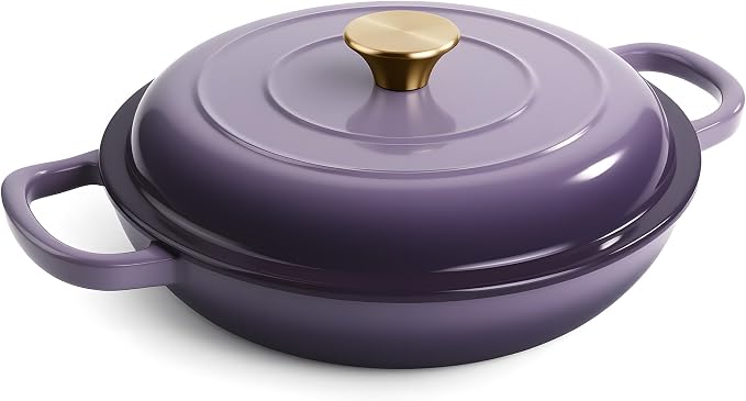 3 Quart Enameled Cast Iron Braiser, Non Stick Enameled Cast Iron Skillet with Lid, Dutch Oven Skillet with lid up to 500°F for Oven, Stove, Grill, Shallow Dutch Oven for Cook, Bake (Purple)