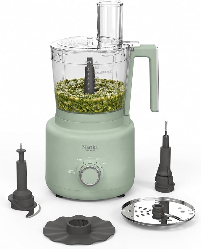 Martha Stewart 10 Cup Food Processor & Electric Chopper, One Touch Pulse | BPA-Free Bowl, 3 Multipurpose Blades, Easy Food Prep, Chop, Slice, Shred, Puree, Emulsify, Speed Dial, Wide Feed Chute, Sage
