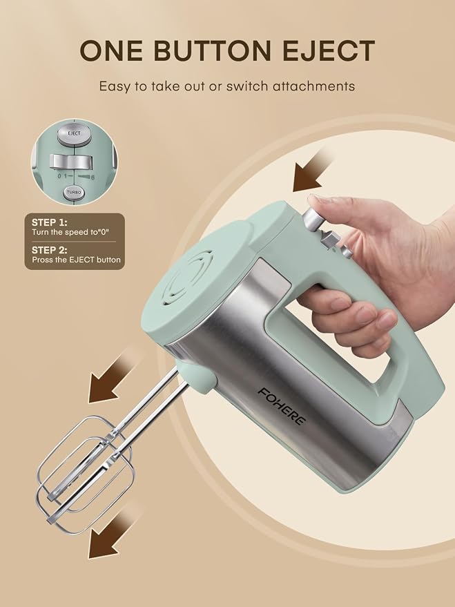 Hand Mixer Electric Handheld, 6 Speed & Turbo Electric Mixer, 300W Handheld Mixer with 2 Stainless Steel Whisk and 2 Dough Hook for Whipping, Mixing Cookies, Brownie, Cakes, Dough Batters, Green
