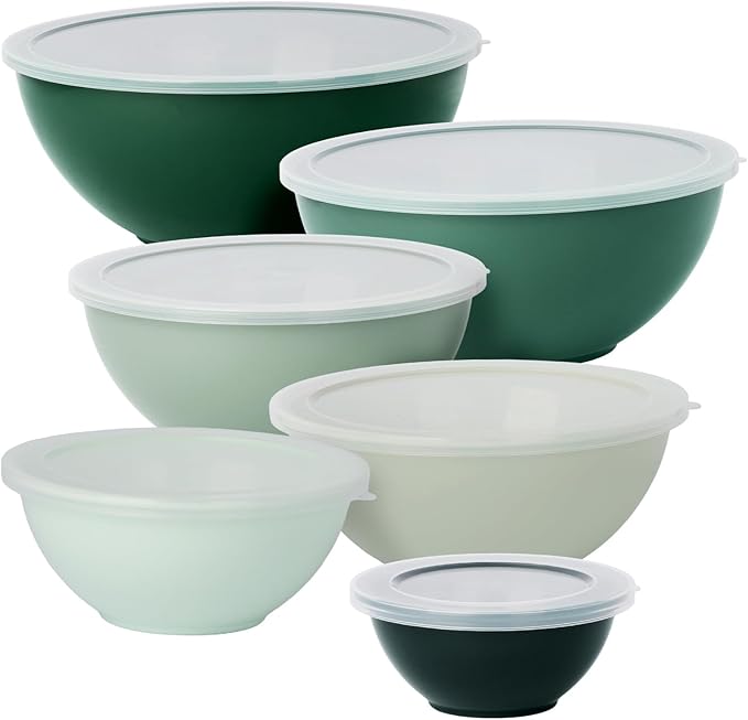 BoxedHome BPA Free Plastic Round Mixing Bowl with Lids, 12 Pack Nesting Bowls with Lids Set, Microwave and Dishwasher Safe Prep & Serving Bowls Great for Mixing, Baking, Serving (Green, 12pcs)