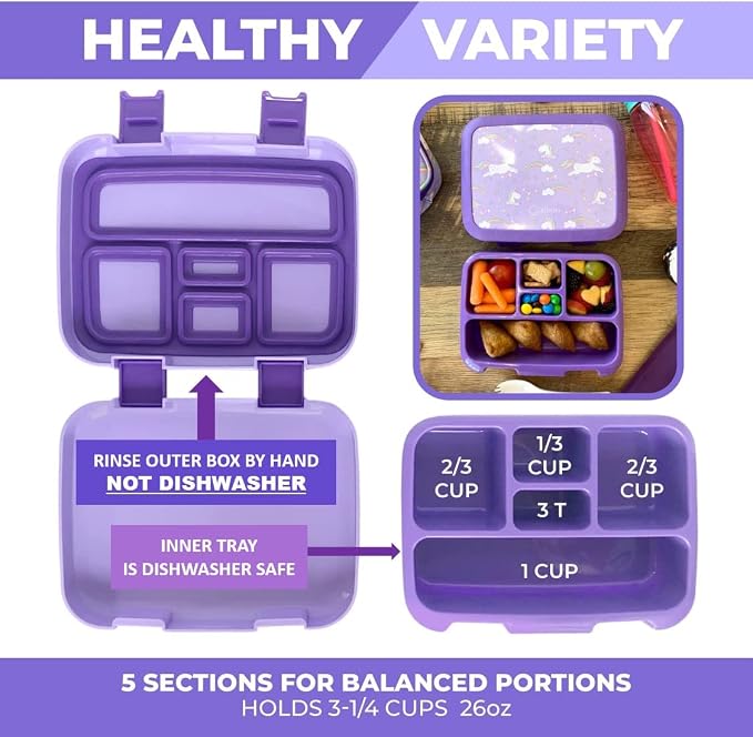 kinsho Bento Box for Girls Toddlers with Thermo Lunch Pack, Purple Unicorn | 5 Compartments, Removable Tray, Small Meal Snack Container for Girls Toddlers Daycare Pre-School Kindergarten, Steel Food Jar